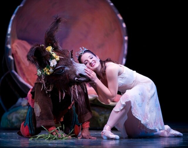 Pacific Northwest Ballet corps de ballet dancer Kiyon Gaines as Bottom and principal dancer Carrie Imler as Titania in A Midsummer Night’s Dream, choreographed by George Balanchine © The George Balanchine Trust. Photo © Angela Sterling