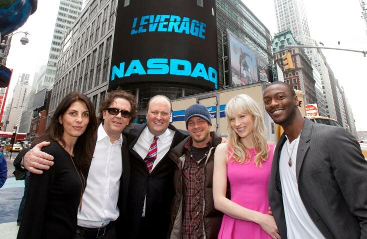 Why yes, that is the cast of TNT's Leverage at the NASDAQ stock market, to ring the closing bell, of course. Photo credit: Zef Nikolla, NASDAQ