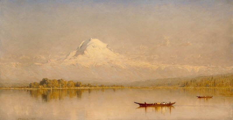 Mount Rainier, Bay of Tacoma - Puget Sound, 1875; Oil on canvas; Sanford Robinson Gifford (born Greenfield, N.Y. 1823; died New York City 1880); 21 x 40 1/2 in.; Partial and promised gift of Ann and Tom Barwick and gift, by exchange, of Mr. and Mrs. Louis Brechemin; Max R. Schweitzer; Hickman Price, Jr., in memory of Hickman Price; Eugene Fuller Memorial Collection; Mr. and Mrs. Norman Hirschl; and the Estate of Louise Raymond Owens; Photo: Paul Macapia