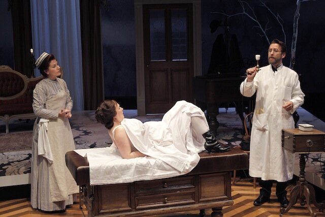 Mary Kae Irvin as Annie, Deborah King as Mrs. Daldry, and Jeff Cummings as Dr. Givings, in "In the Next Room, or the vibrator play" by Sarah Ruhl, at ACT Theatre (Photo: Chris Bennion)