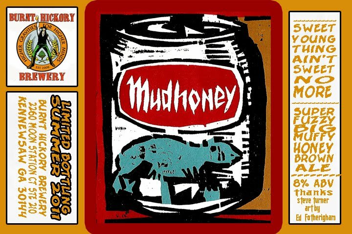 "Super fuzzy big muffy honey brown ale" label art by Ed Fotheringham
