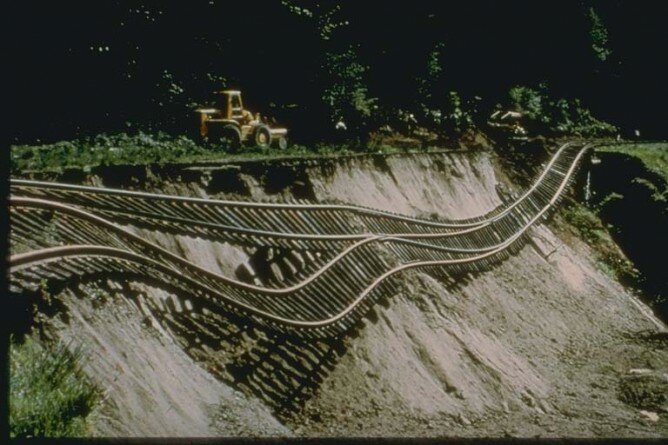 Union Pacific Railway Damage from Ground Deformation, Seattle, Washington Earthquake of April 29, 1965, Seattle, Washington. (Photo: University of California, Berkeley)