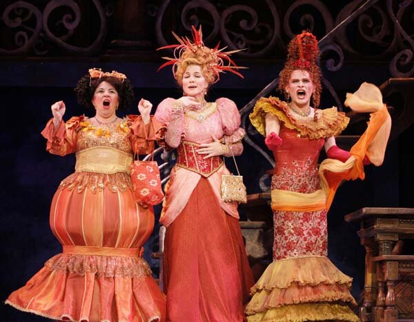 Joy (Sarah Rudinoff), Stepmother (Suzanne Bouchard), and Grace (Nick Garrison) prepare for the ball in Rodgers & Hammerstein’s Cinderella at The 5th Avenue Theatre. Photo: Chris Bennion