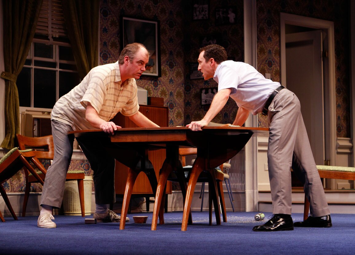 Charles Leggett (Oscar Madison) and Chris Ensweiler (Felix Unger). Photo by Jay Koh. Property of Village Theatre.