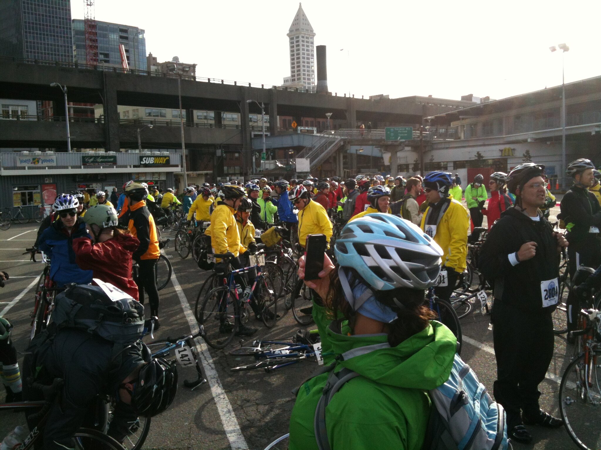 Cyclists waiting to get on the 9:35 ferry. It was the 9:45 ferry by the time we were done with them! (Photo: Jonathan Dean)