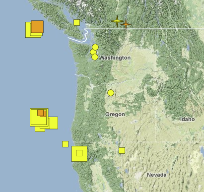 Seismic excitement magitude 2 and above, the last two weeks (Pacific Northwest Seismic Network)