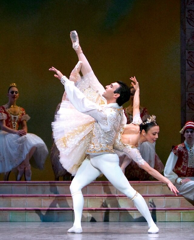 PNB principal dancers Jonathan Porretta and Kaori Nakamura as Franz and Swanilda in PNB’s production of Coppélia, choreographed by Alexandra Danilova and George Balanchine © The George Balanchine Trust (after Marius Petipa). (Photo © Angela Sterling)