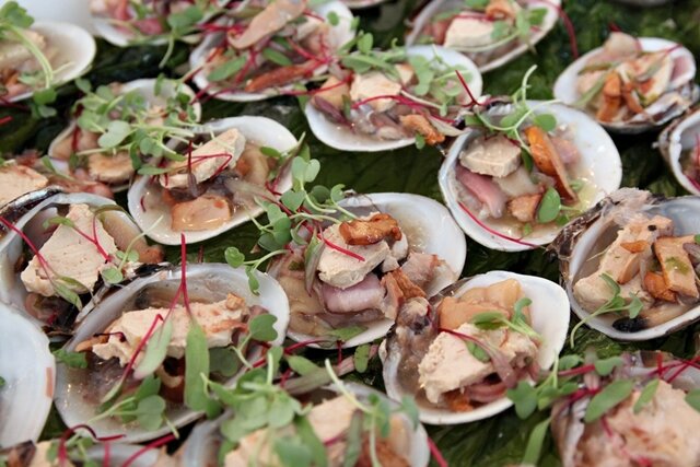 One of my favorite bites from the Grand Tasting: Wild Coos Bay butter clam with foie gras, pickled chanterelles, micro wasabi greens, micro bull's blood greens, bonito flakes, and miso broth. (Prepared by Rick Martinez at Finn's Fish House in Seaside.)
