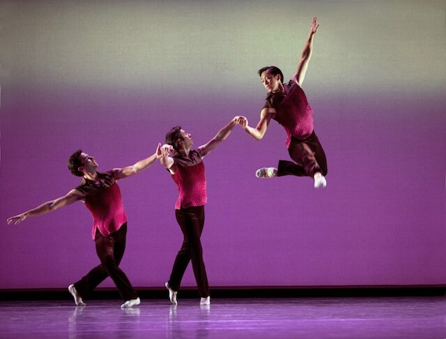 (l-r) Pacific Northwest Ballet company dancers Jerome Tisserand, Ryan Cardea, and William Lin-Yee in Mark Morris’s Kammermusik No. 3, presented as part of ALL PREMIERE, November 2 – 11, 2012. (Photo © Angela Sterling)