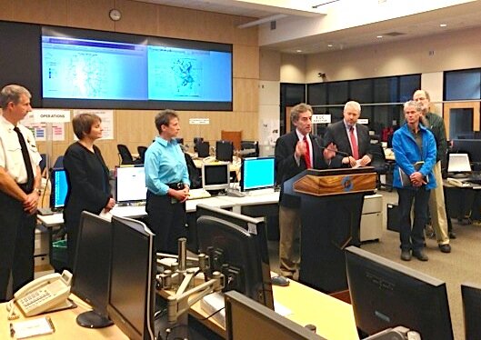 UW meteorologist Cliff Mass, speaking, at Mayor McGinn's winter preparedness briefing (McGinn right of Mass). (Photo: Mayor's Office)