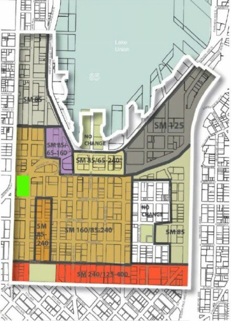 Proposed rezoning heights (Block 59 in neon green box)