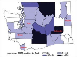 Interestingly, all of the senators seem to be from counties with pertussis outbreaks. (Map: WA Dept. of Health)